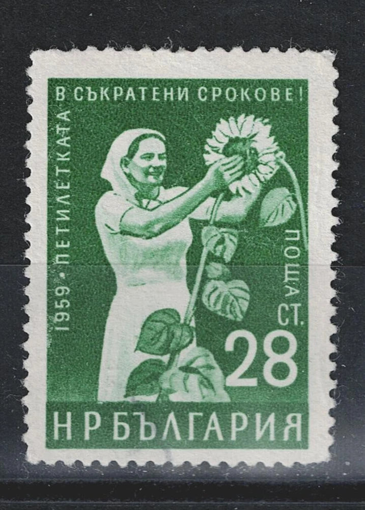 Green Bulgaria stamp with farm girl holding sunflowers, value 28, date 1959