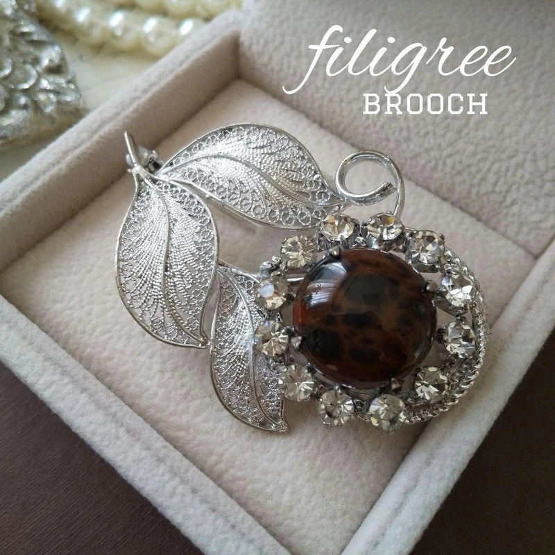 Red Tokachi stone, silver filigree brooch/obi clasp, flower design, sunflower, Sunflower