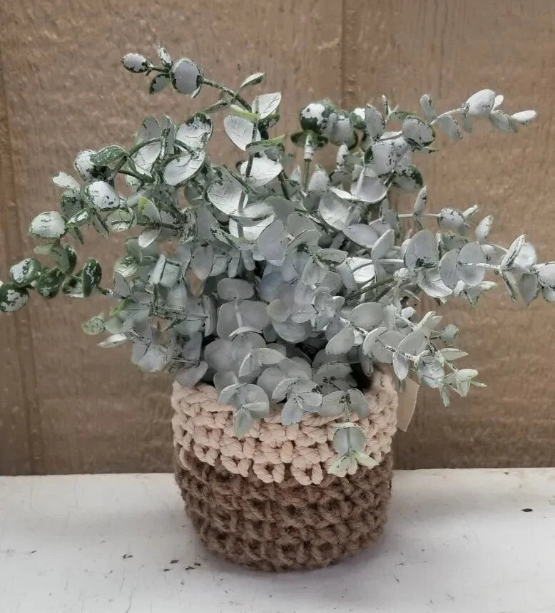 Faux Succulent Plant Dusty Green Crocheted Pot Tan White Jute Twine Cotton 10" Green Plant