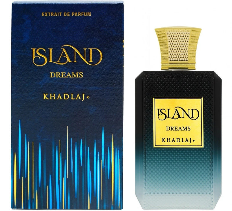 Island Dreams extrait de parfum bottle with gold cap, blue gradient label, 100 ml