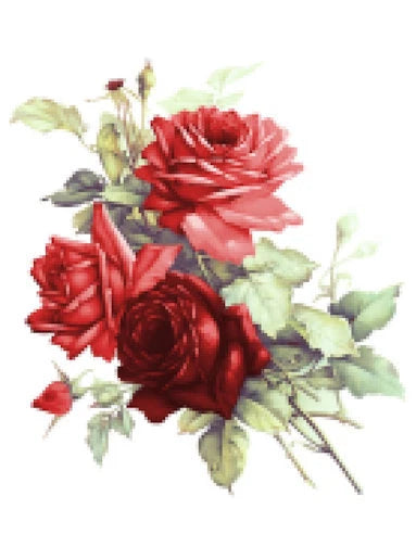 Red and dark red rose transfer decal with green leaves and small flowers