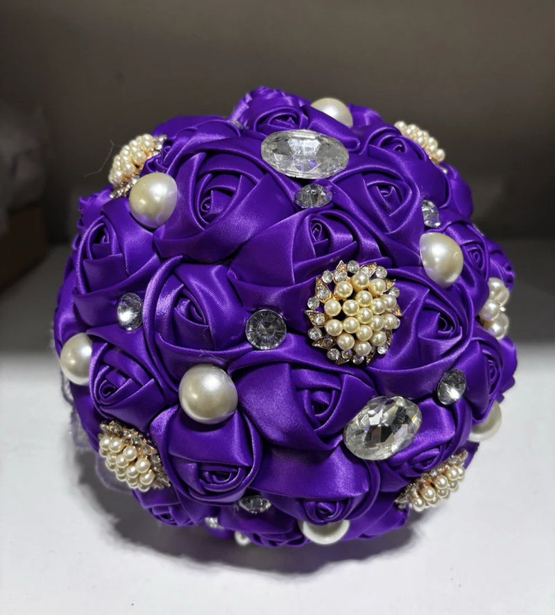 Quinceanera PURPLE Wedding Bouquet Ribbon Bouquet Crystals NEW Round Bouquet