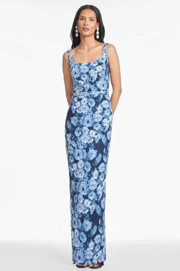 Blue rose-print sleeveless column gown with square neckline