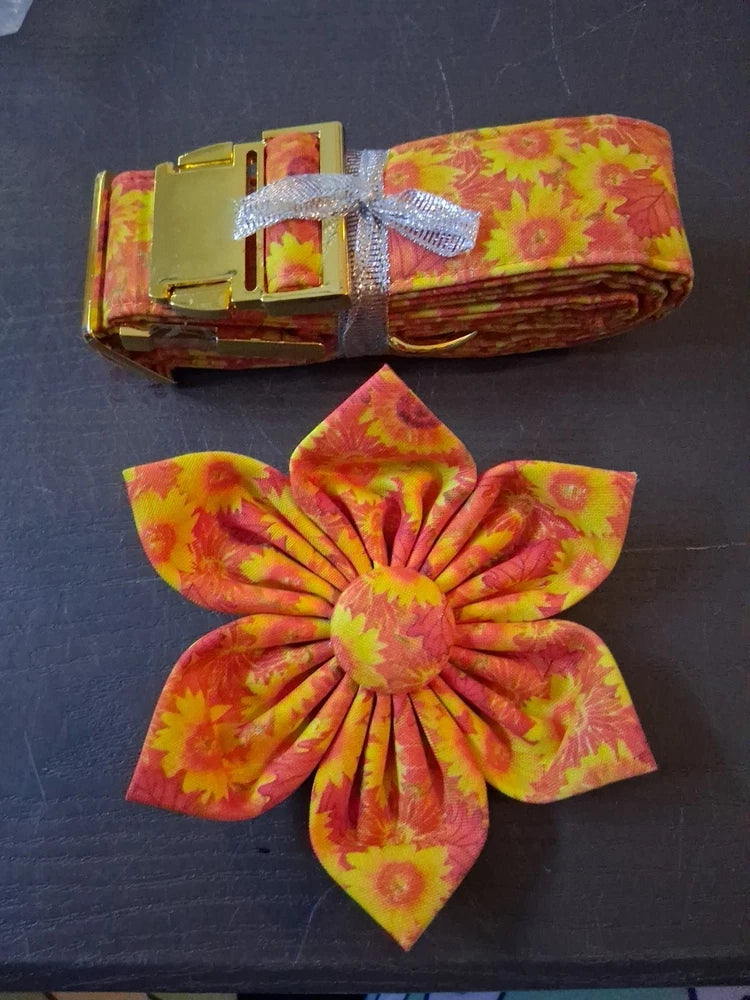 Sunflower collar with attached flower, orange and yellow red tie-dye petals