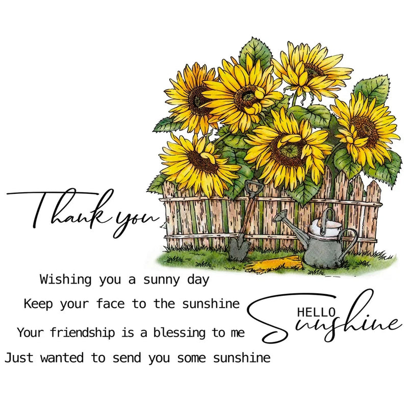 Sunflower clear stamp design with yellow sunflowers, wooden fence, watering can, and message