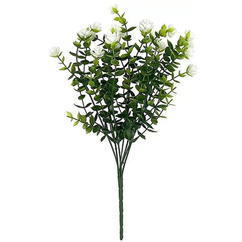 Artificial white flower stems bouquet with green leaves, plastic faux plant decor
