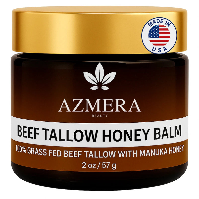 Beef tallow honey balm jar with gold lid and brown label, 2 oz/57 g