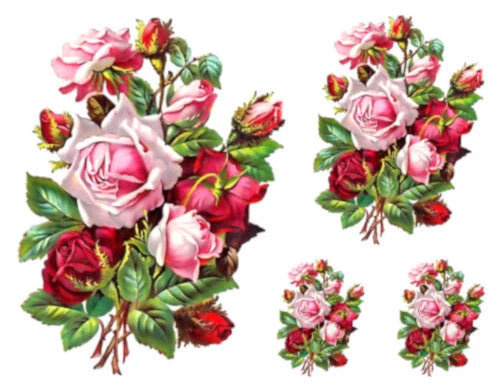 Rose floral bouquet waterslide decal set with pink and red roses and green leaves