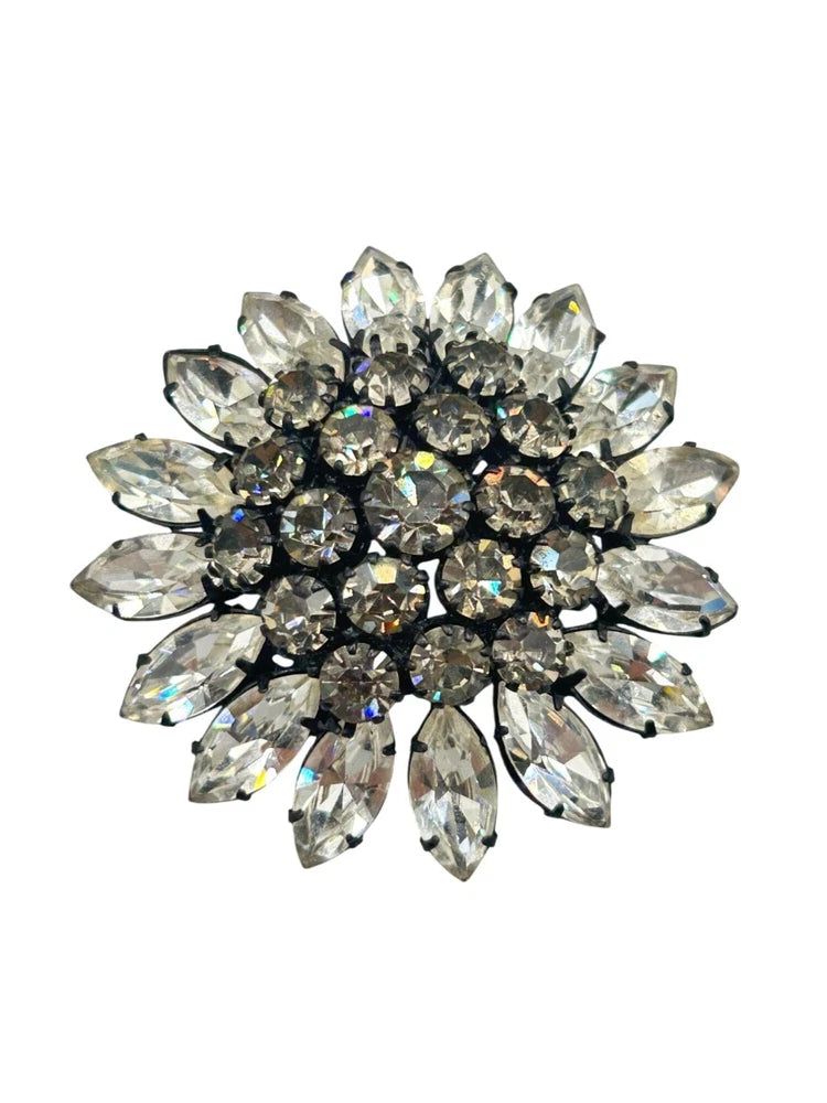 MADE IN AUSTRIA Rhinestones Pin Brooch Flower Sunflower Smokey Grey and Clear Gl Sunflower