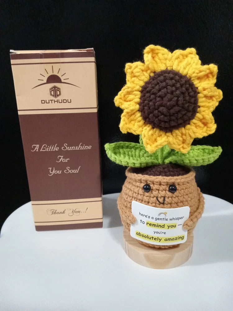 Crochet sunflower in pot with positive message card and wooden stand, yellow petals