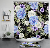 Butterfly Blue Hydrangea Flower on Black Shower Curtain Set for Bathroom Decor Hydrangea