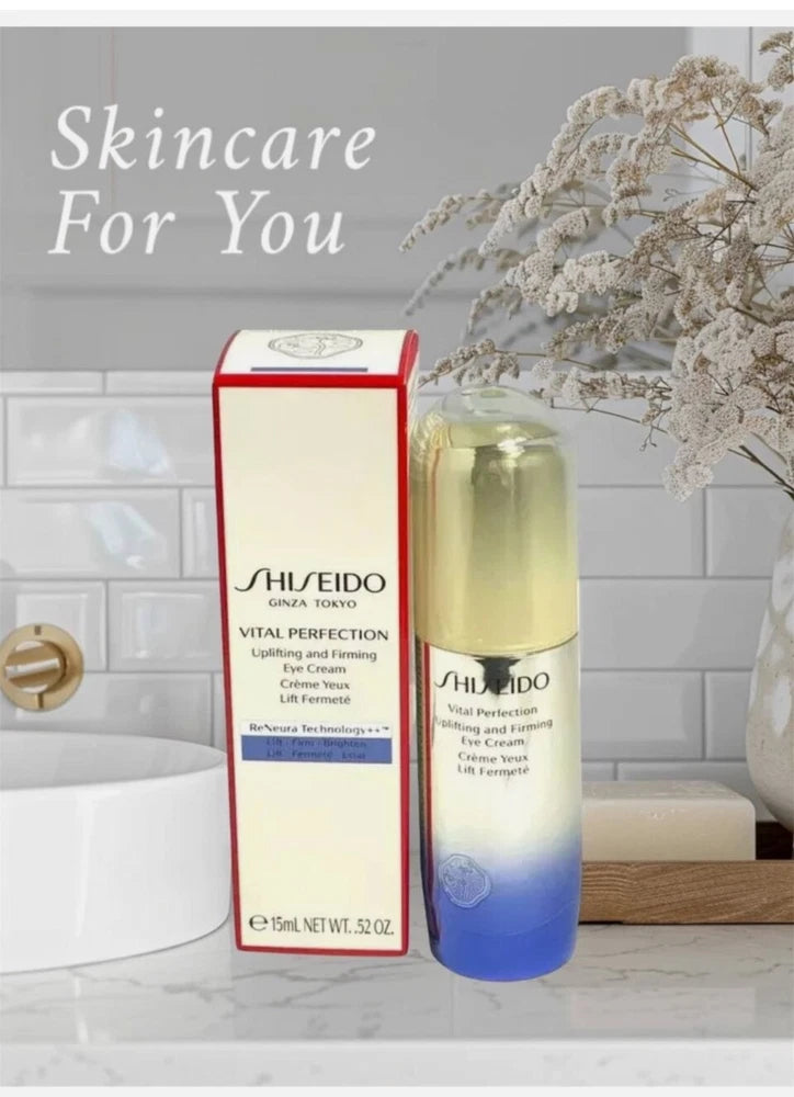 Shiseido Vital Perfection uplifting firming eye cream, bottle and retail box, 15 ml