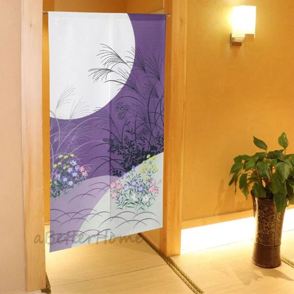 Japanese Noren Doorway Curtain Purple Moon Pampas Grass Floral Privacy Screen Pampas Grass