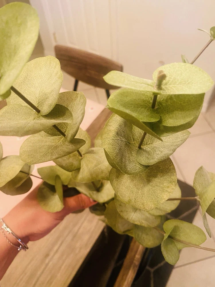 Artificial eucalyptus stem with long green faux leaves, leafy round clusters on branches