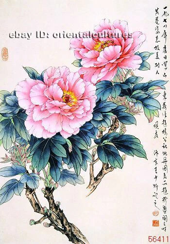 Peony hand embroidery kit: pink peony flowers with teal leaves, silk thread design backing