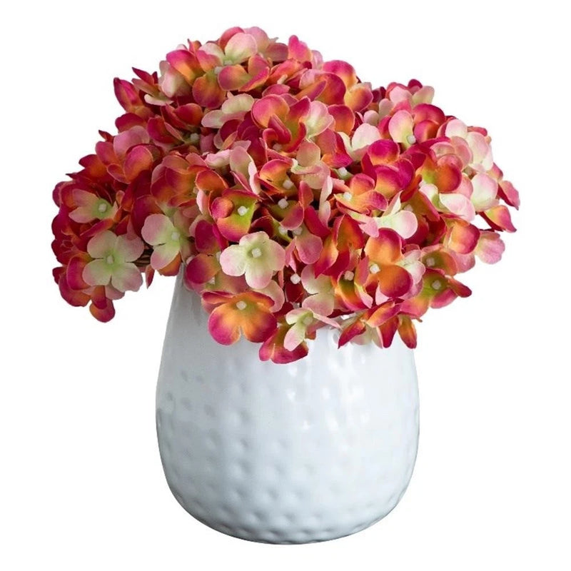 Nearly Natural 11" Artificial Hydrangea Arrangement in White Metal Vase in Pink Hydrangea