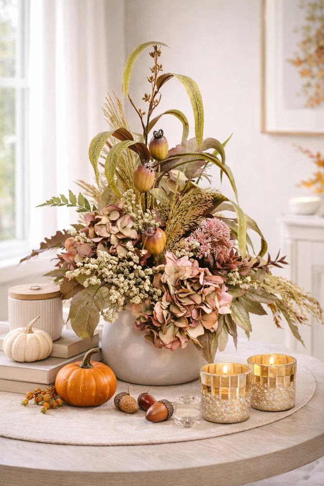 New fall silk floral arrangement, faux flower arrangement, pink fall arrangement Hydrangea