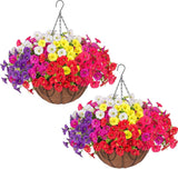 2 Set Artificial Hanging Flowers Fake Plants Baskets for Outdoors Spring Decor , Green Plant