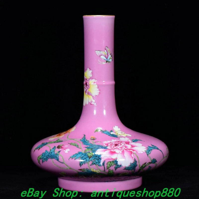 Pink porcelain long-neck vase with peony floral and butterfly decoration