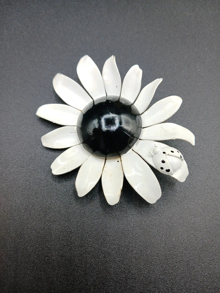 Vintage Enamel Flower Brooch With Ladybug 3.5" Flower Insect Daisy Sunflower Sunflower