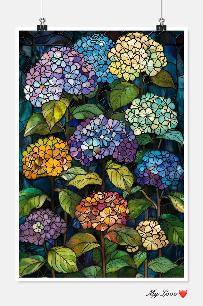 Stained Glass Hydrangeas - DIY CHart Counted Cross Stitch Patterns Needlework Hydrangea