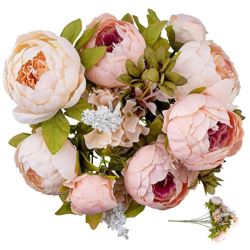 Artificial peony flower bouquet with pink and cream blooms and green leaves