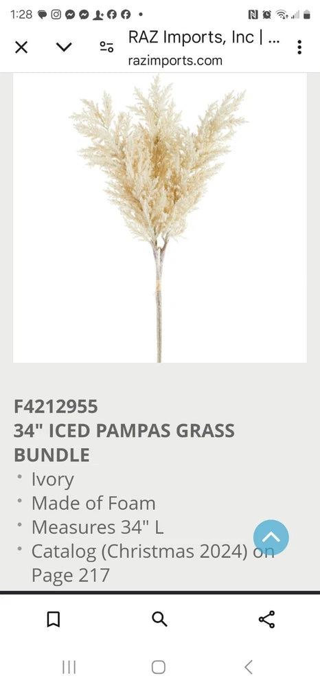 Set of 3 Raz Imports F4212955 Pampas Grass Bundle Of 3 34" Iced Pampas Grass