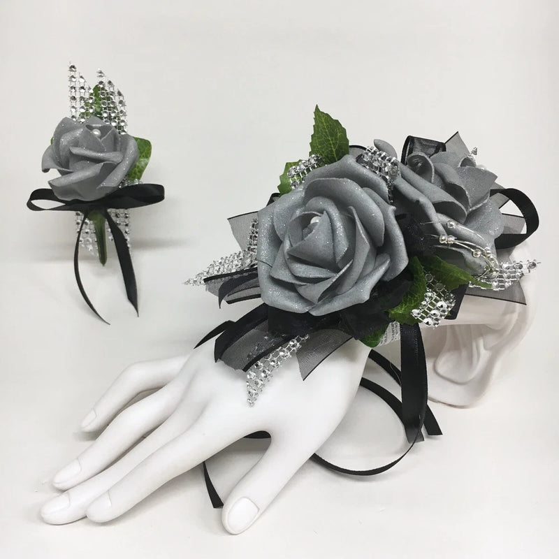 Glamour Double Silver Foam Roses on Black  Prom Corsage & Boutonniere Combo Roses