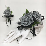 Glamour Double Silver Foam Roses on Black  Prom Corsage & Boutonniere Combo Roses