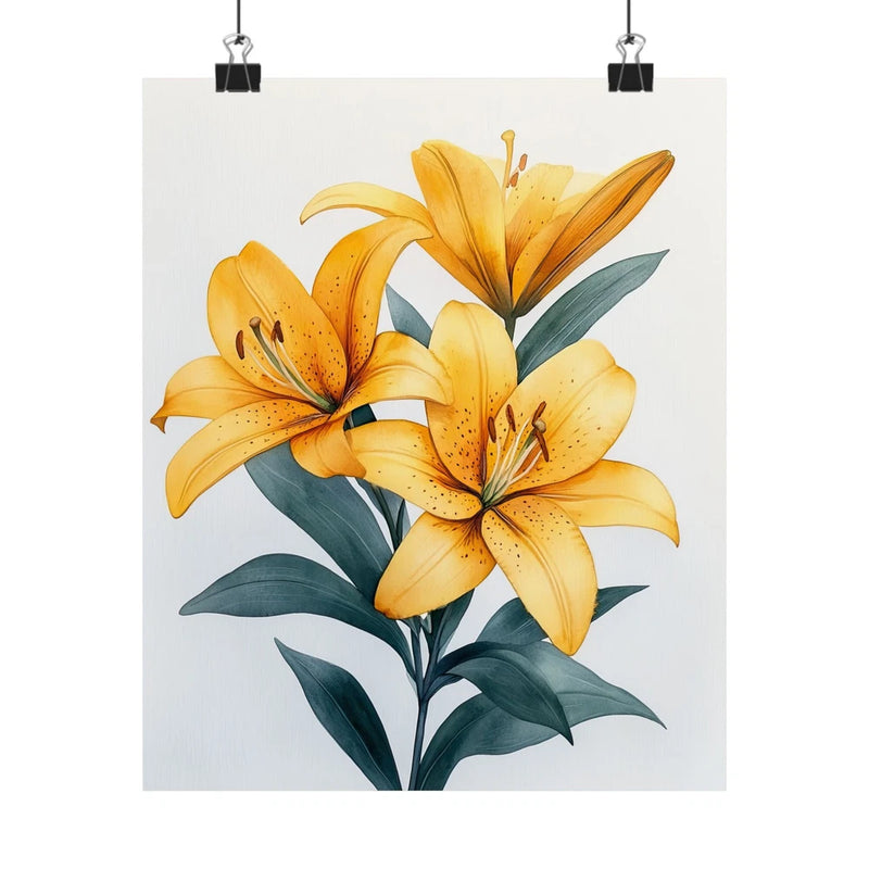 Yellow lily flower art print poster with dark green leaves