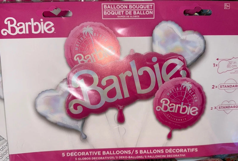 Barbie 5-piece balloon bouquet with pink foil balloons and heart shapes