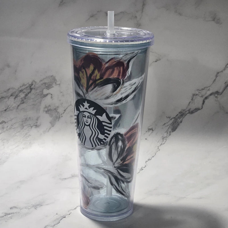 Starbucks peony floral Venti tumbler with clear lid and straw, transparent cup