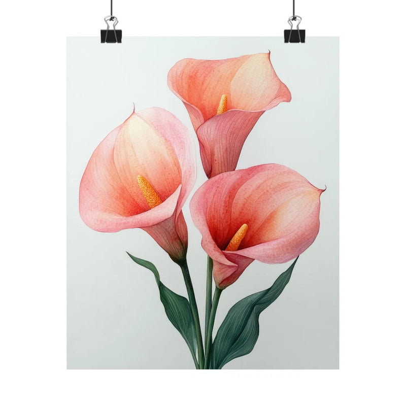 Pink calla lily flower art print poster with three blooms and green stems