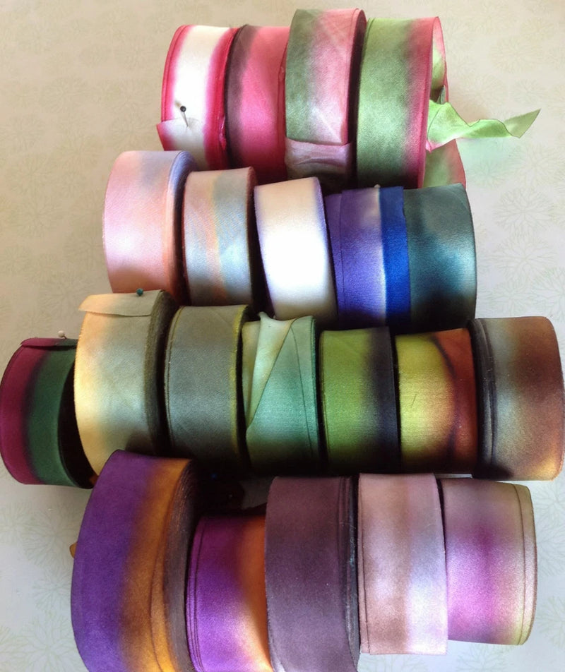 silk ribbon hand dyed 1" on the bias 1yd made in USA Carnation