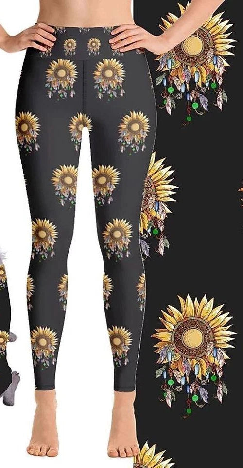 Black leggings with yellow sunflower print and wide yoga waistband, full-length