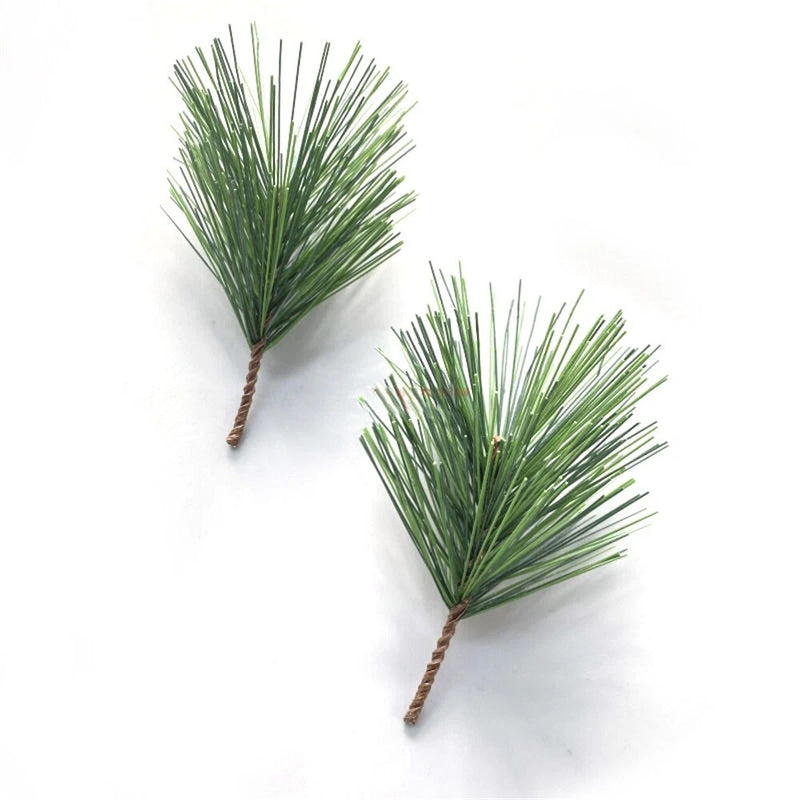 Artificial pine needle decor stems, green plastic needles with brown wrapped base, 9cm