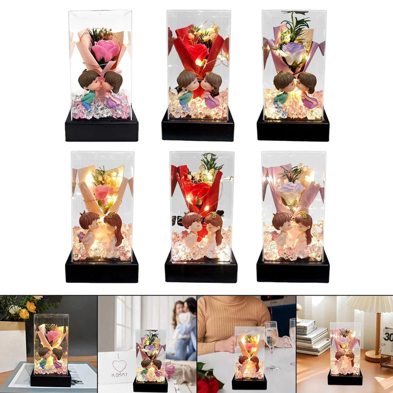 Preserved rose bouquet gift soap roses in clear display box with ribbon, pink and red