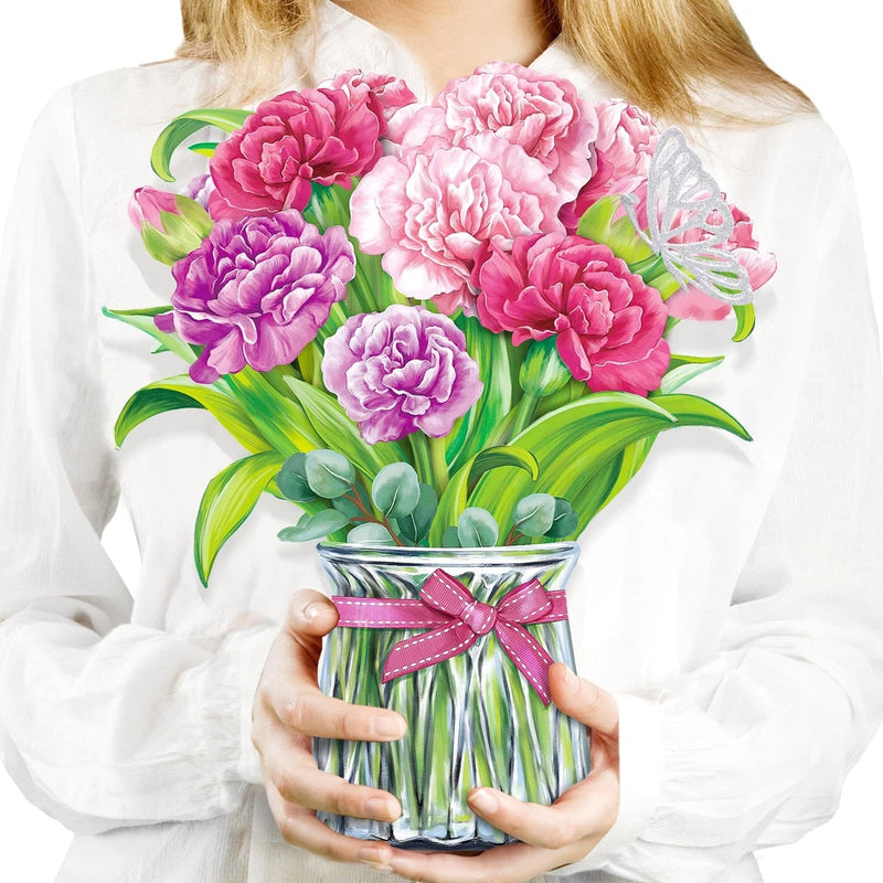 Pop-up greeting card with 3D pink carnation bouquet in jar and ribbon bow