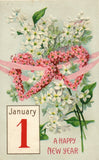1911 Pink Flowers and Hydrangea Hearts Happy New Year Postcard BW 332 Hydrangea