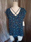 NWT womens Lily White blouse Size M Blue Pink Floral Casual shirt V neck Top Lily