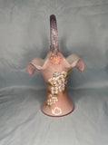 Fenton Glass Rosemilk Overlay Basket Handpainted w/  Hydrangeas Signed 9Ó Tall Hydrangea