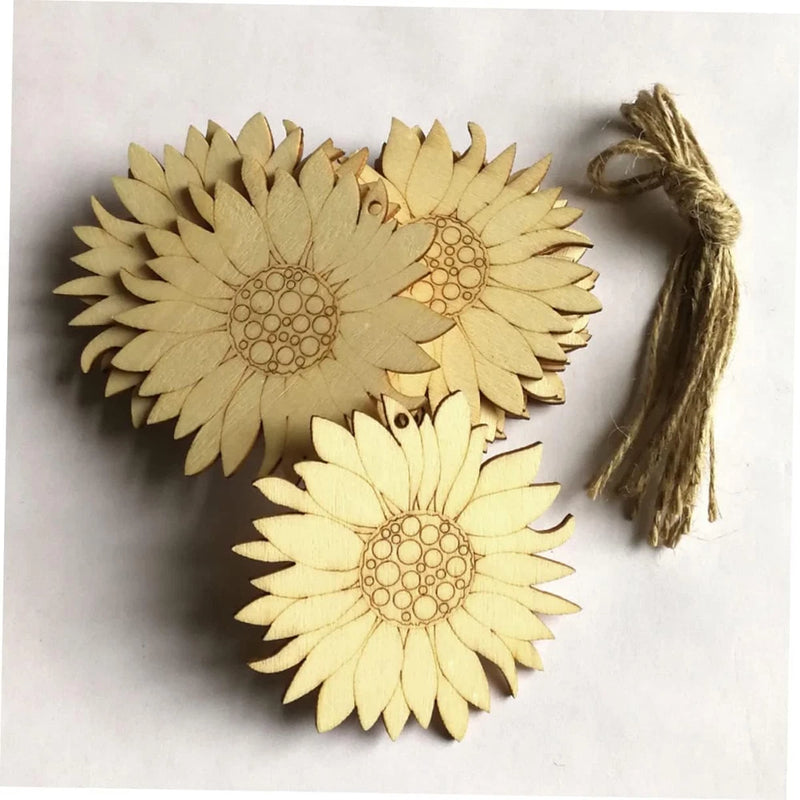Unfinished wooden sunflower hanging decorations set, cutout pendants with twine loop