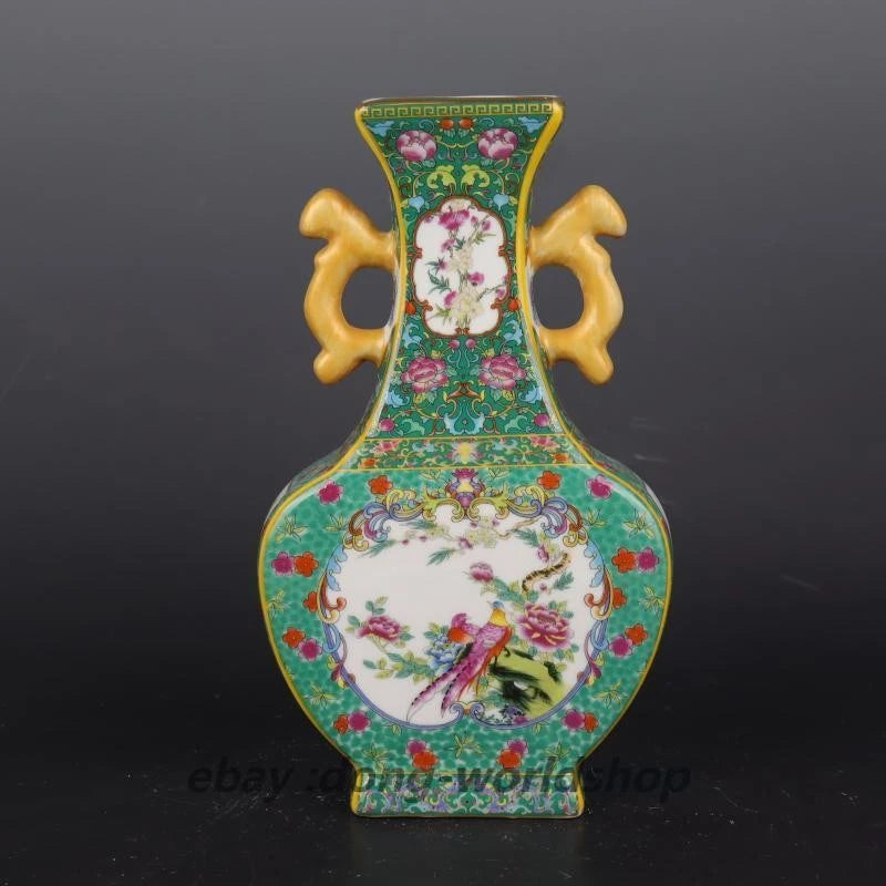 Colorful porcelain vase with green enamel, gold side handles, peony flowers and bird motif