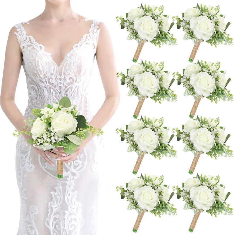 Set of 8 artificial bridesmaid bouquets with ivory white roses, greenery, burlap-wrapped stems