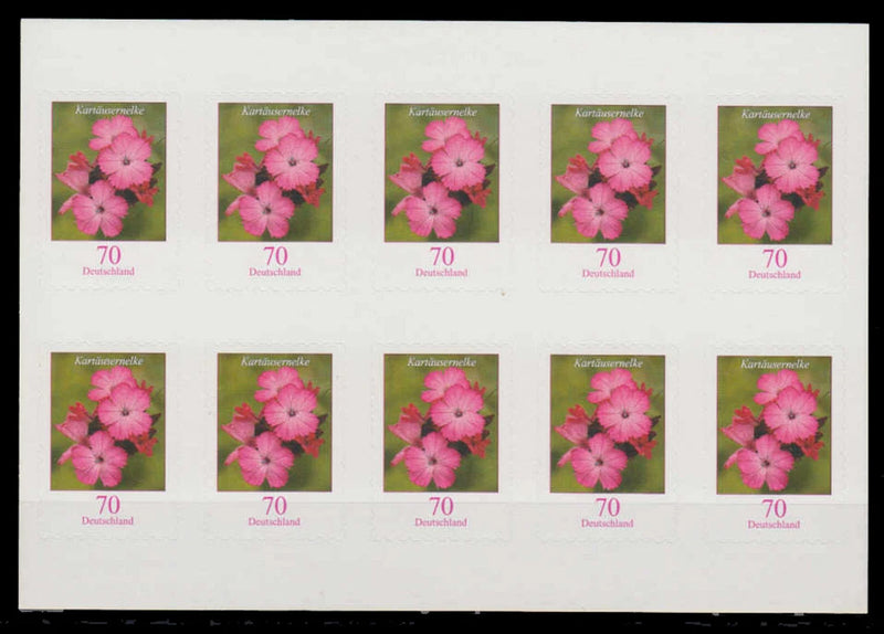 Carnation postage stamp foil sheet with multiple pink flower stamps