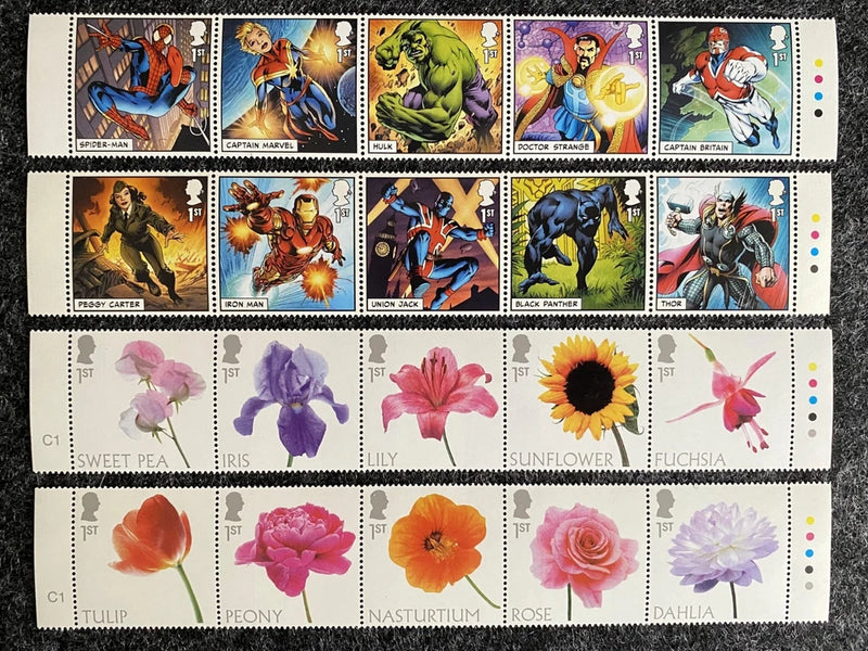 (2019 2023) 1st class UK GB Stamps MNH Marvel Spider-Man Flowers Iris Lily Tulip Lily
