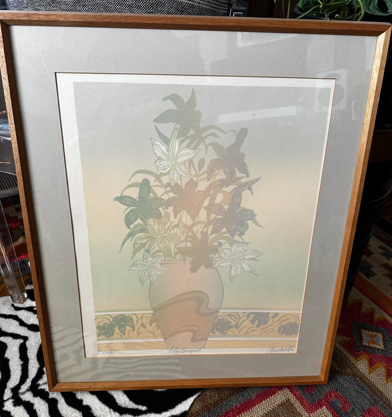 Framed pastel screenprinted lily bouquet artwork with vase, signed, cream matte backing