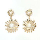 E0382 Gold Tone Metal Pearl Clear Rhinestones Circle Sun Flower Dangle Earrings Sunflower