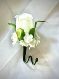 White Rose Boutonniere Grooms Men's Wedding Quinceanera  Corsage Flowers Bouquet