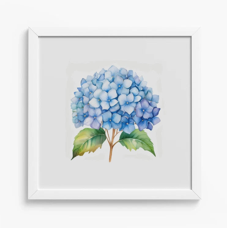 Framed Blue Hydrangea Art Print 12x12" White Wooden Frame Watercolor Style NEW Hydrangea
